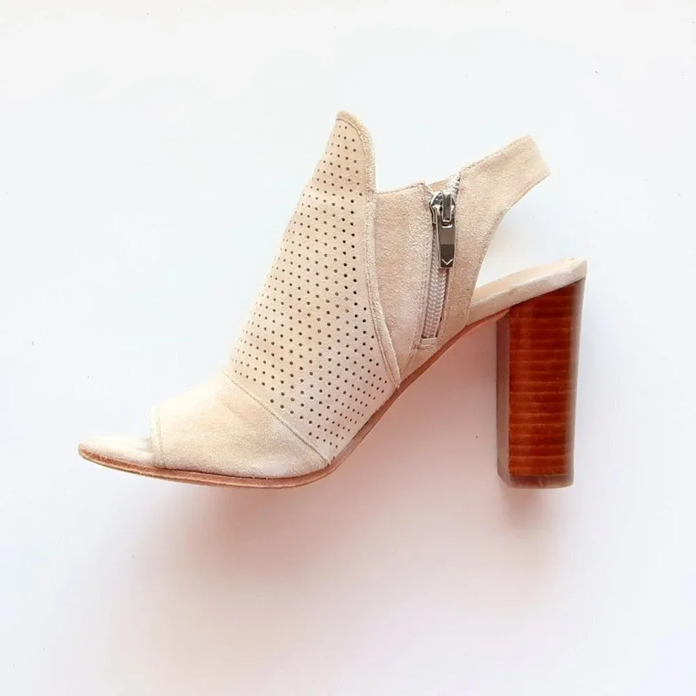 Via Spiga Beige Suede Leather Peep Toe Block Heel Perforated Bootie Shoes 5.5 - Picture 9 of 16
